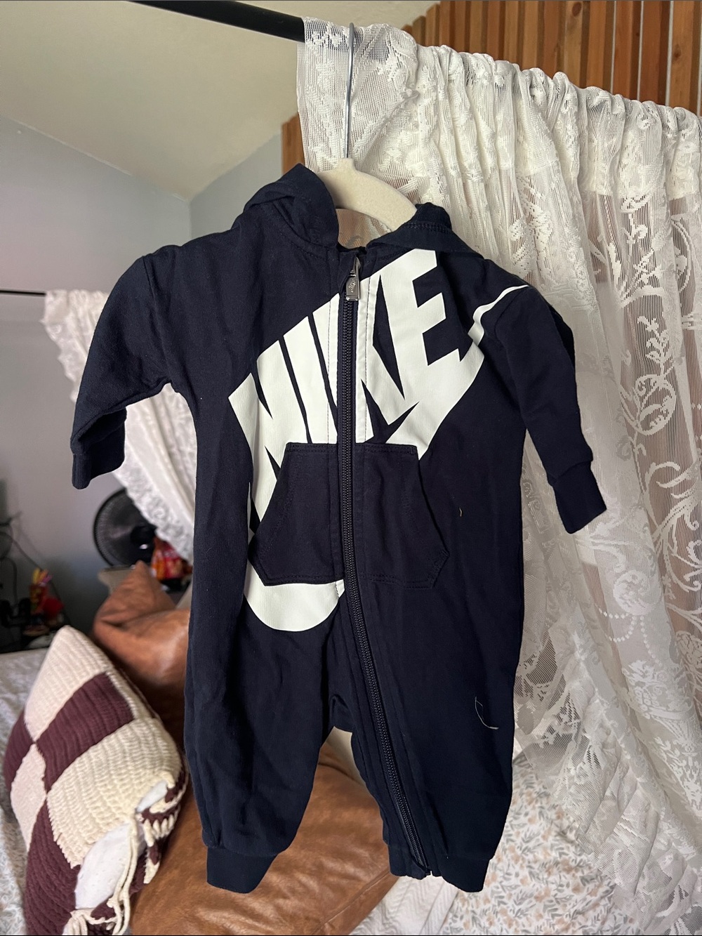 Nike Black Baby Zip-Up Hooded One-Piece with White Logo
